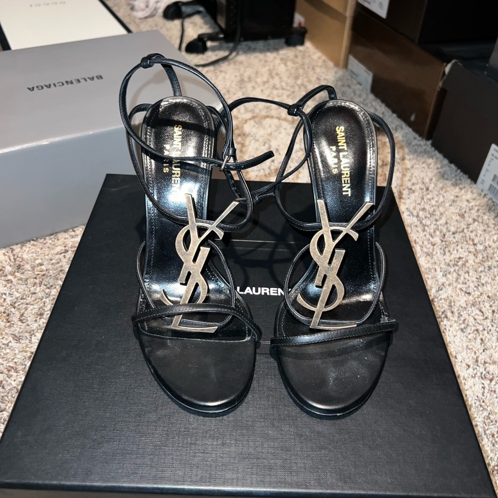Saint Laurent Black Strappy Logo Heels